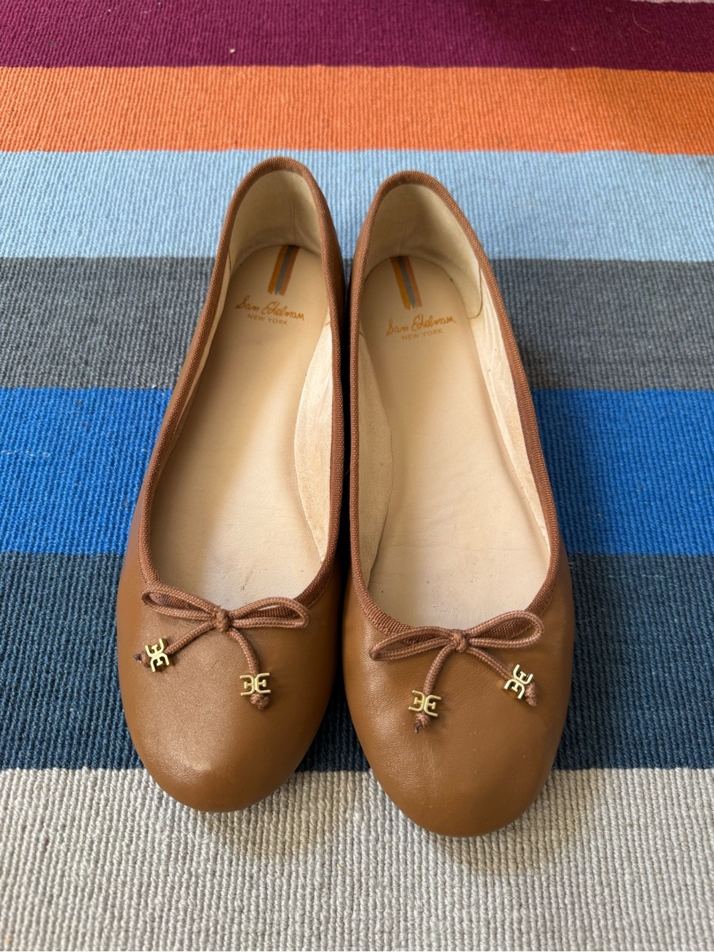 Sam Edelman Brown Leather Bow Ballet Flats with Gold Logo Charms